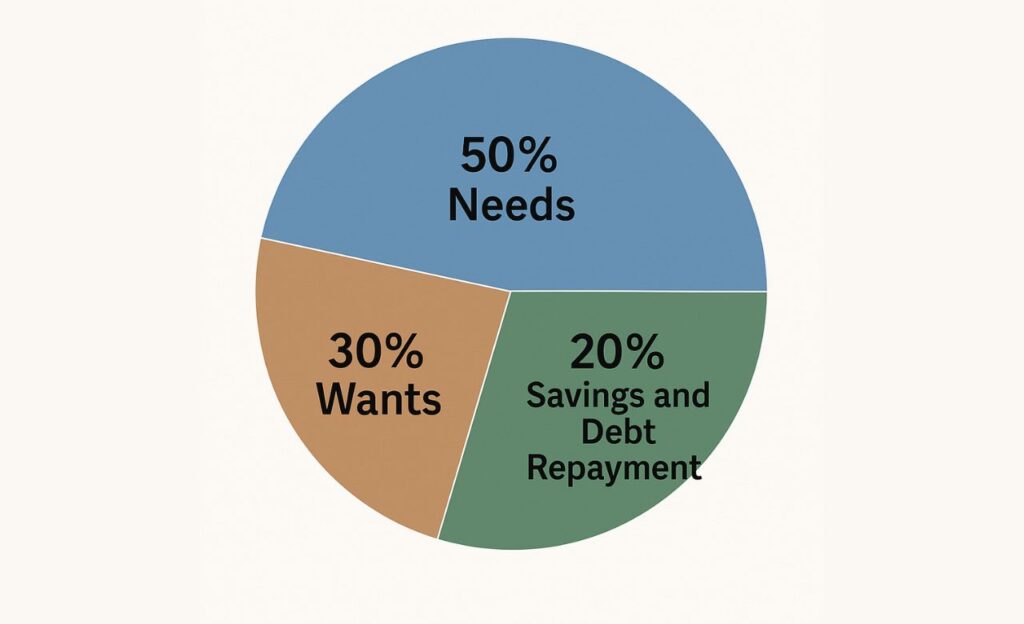 A pie chart illustrating the 50/30/20 budget rule